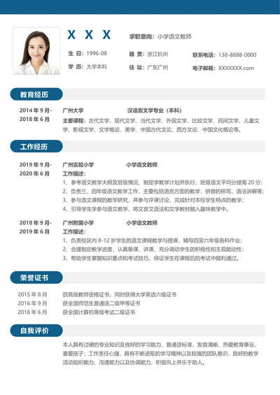 稳重小学语文教师求职简历