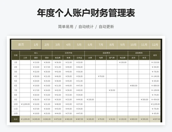 年度个人账户财务管理表