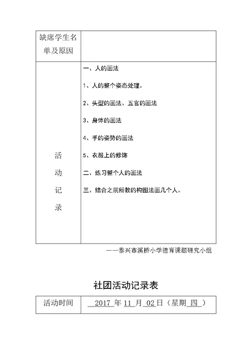 2017-2018第一学年美术社团活动记录表