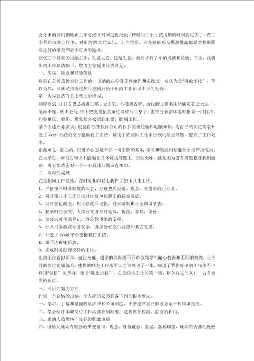 会计出纳试用期转正工作总结范文