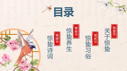 黄色中国风花鸟二十四节气之惊蛰带内容PPT模板