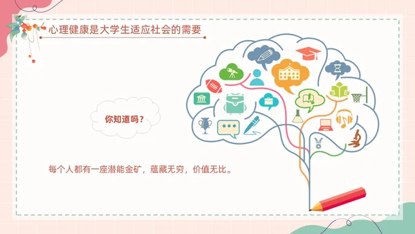 粉色扁平卡通大脑心情插画简约花卉大学生心理健康主题班会PPT