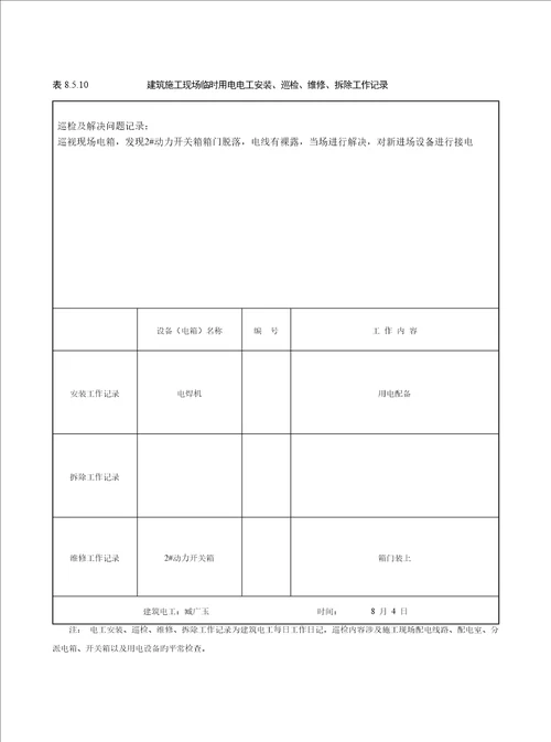 表优质建筑综合施工现场临时用电电工安装巡检维修拆除工作记录