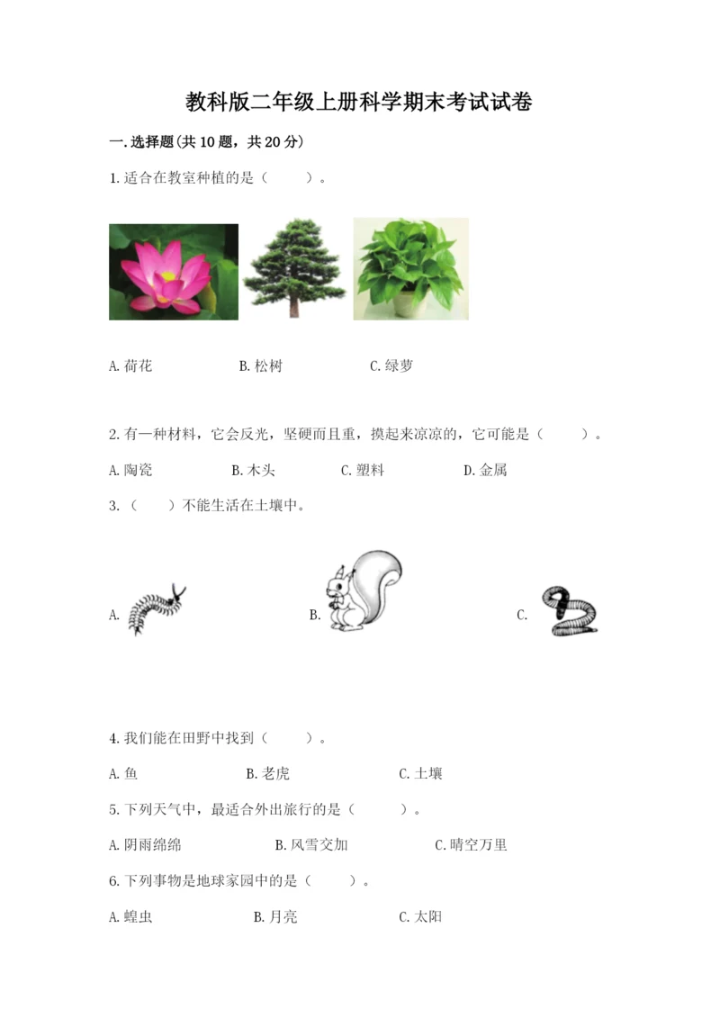 教科版二年级上册科学期末考试试卷及完整答案.docx