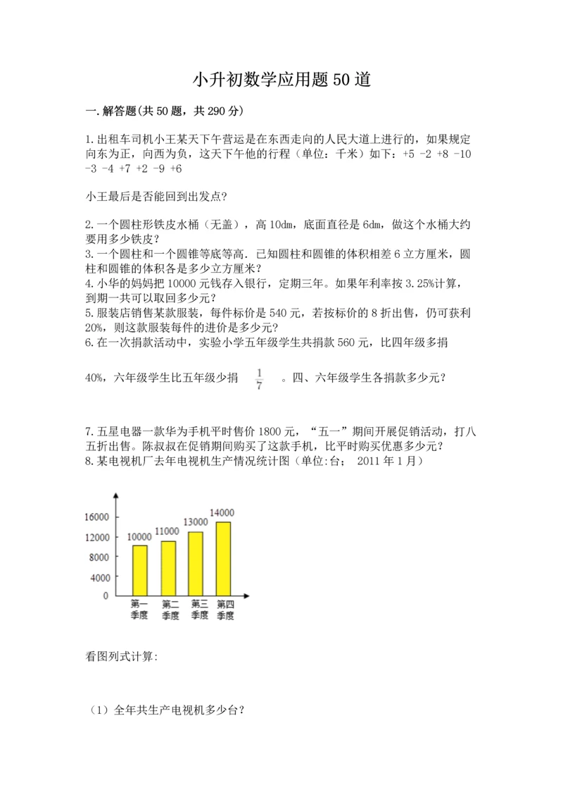 小升初数学应用题50道带答案(夺分金卷).docx