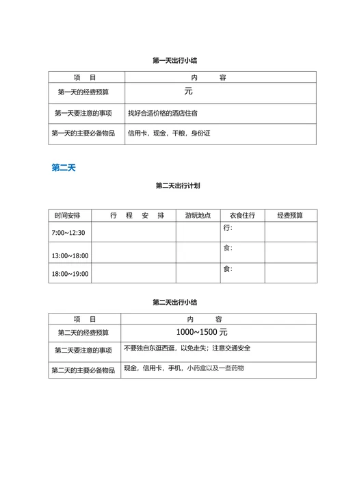 旅游计划表