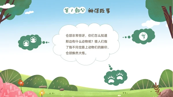 绿色清新卡通儿童中国古代神话故事仓颉造字故事解说PPTz