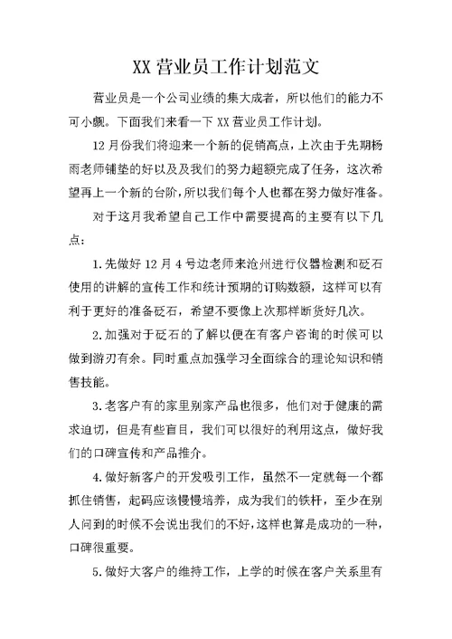 XX营业员工作计划范文