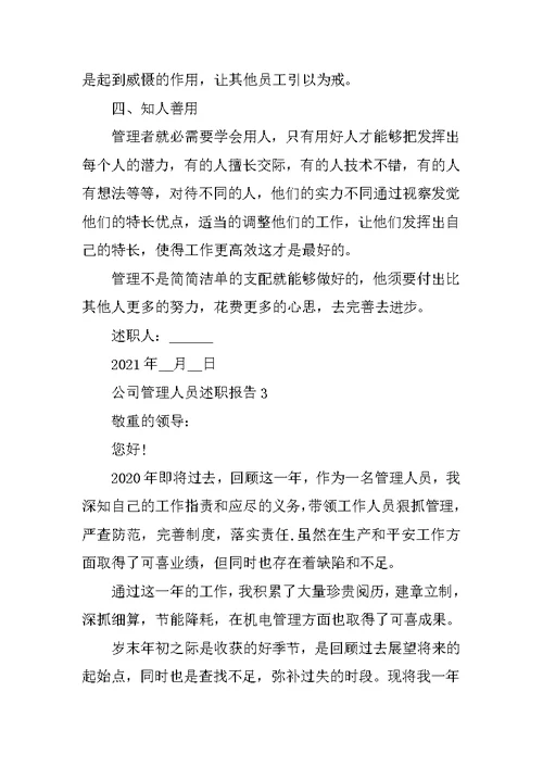 公司管理人员个人工作述职报告