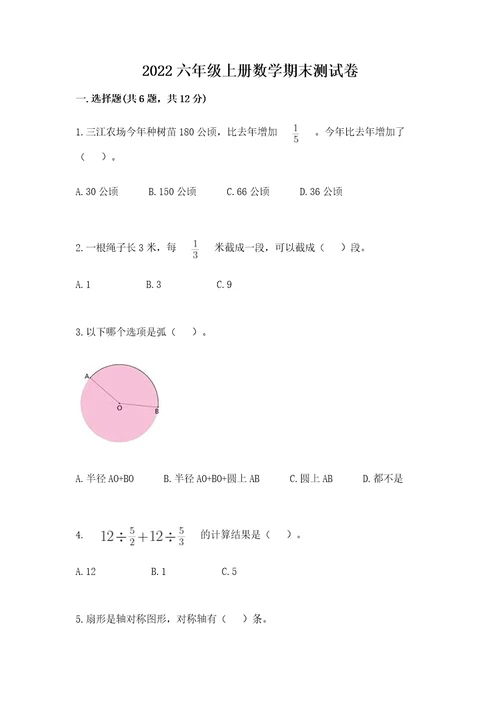 2022六年级上册数学期末测试卷（名师推荐）