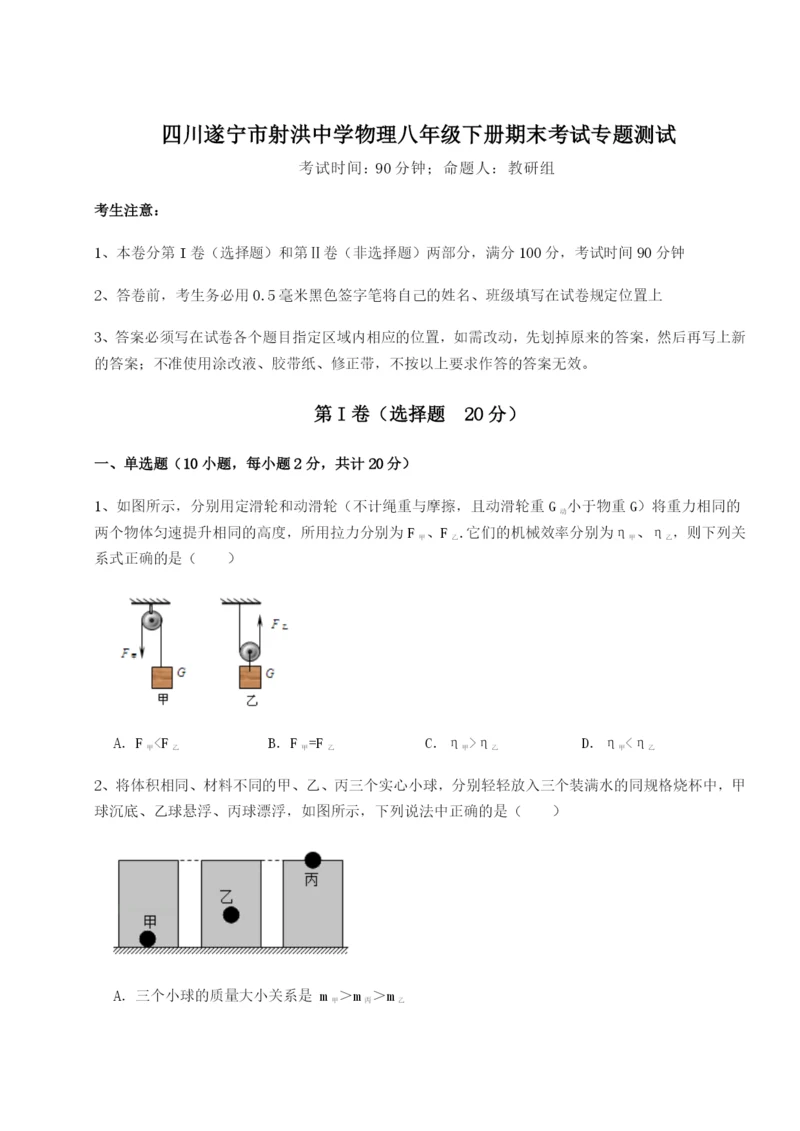 强化训练四川遂宁市射洪中学物理八年级下册期末考试专题测试B卷（详解版）.docx