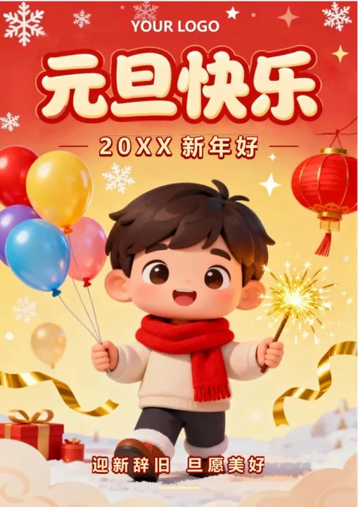 橙红色喜庆手绘插画风元旦节祝福海报