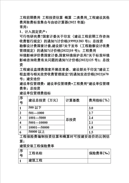 最新工程前期费用 工程投资估算 概算 二类费用 工程建设其他费用取费标准集合与自动计算器2022年版