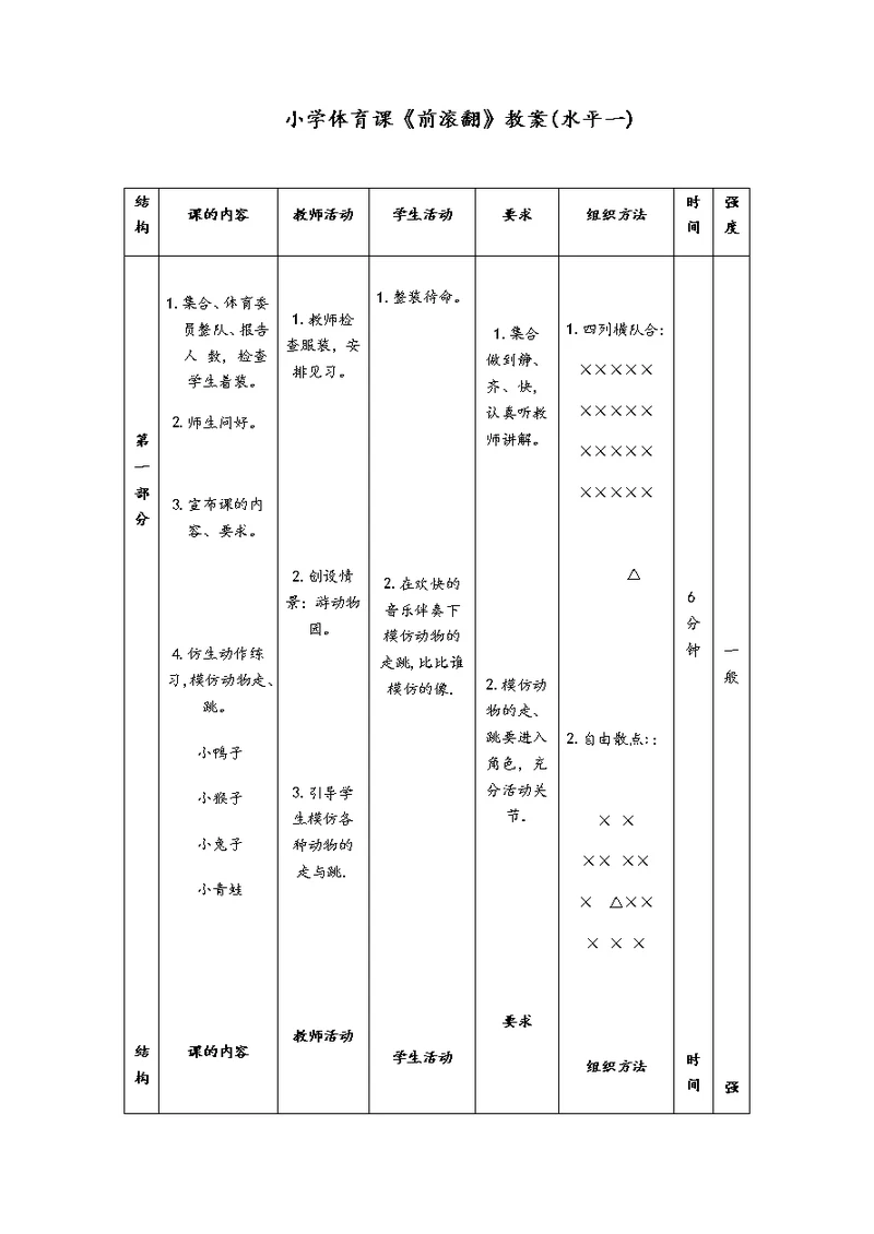 小学体育课《前滚翻》教案(水平一)