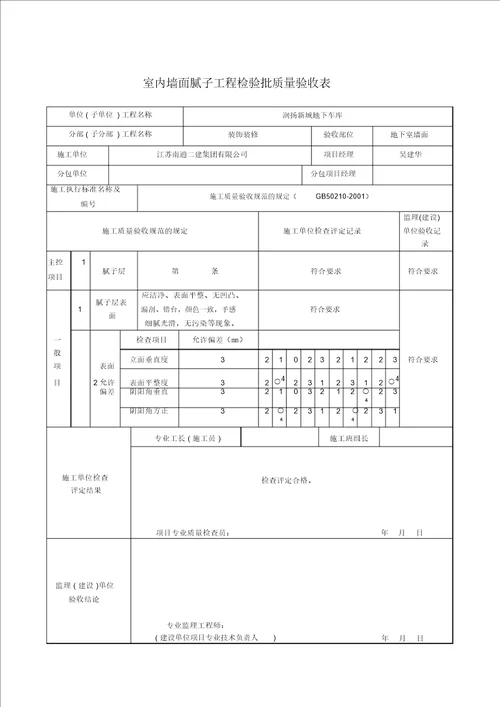 室内墙面腻子工程检验批质量验收表