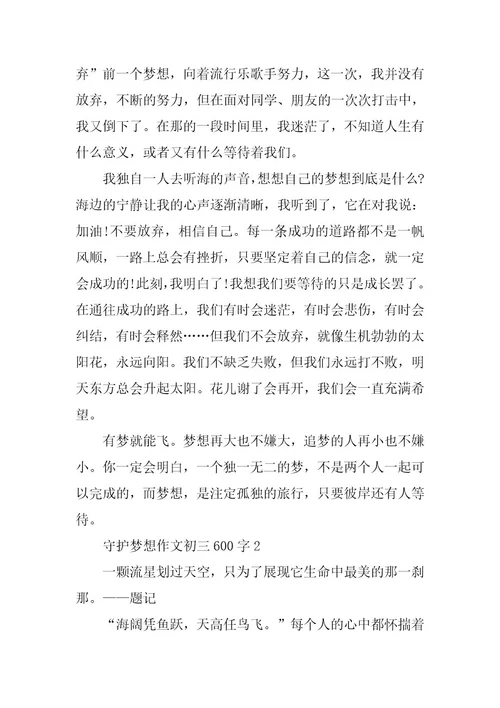 2023年守护梦想作文初三600字