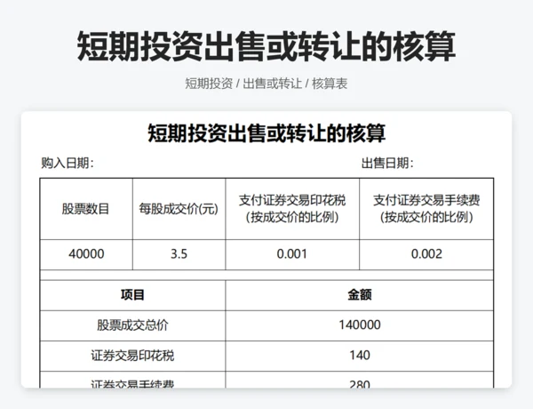 短期投资购入核算