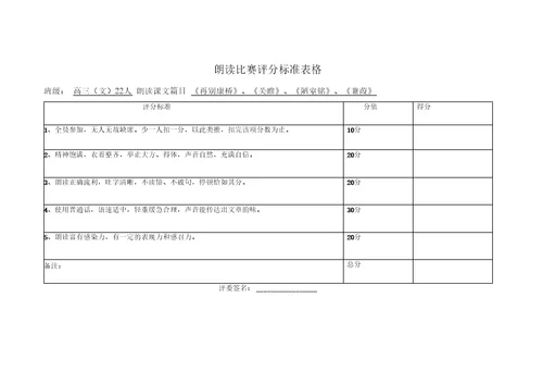 朗读比赛评分标准表格