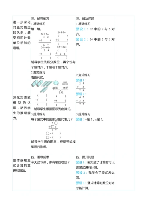（大单元整体教学）2.1两位数加两位数（不进位）（表格式）教学设计  人教版 二年级上册数学