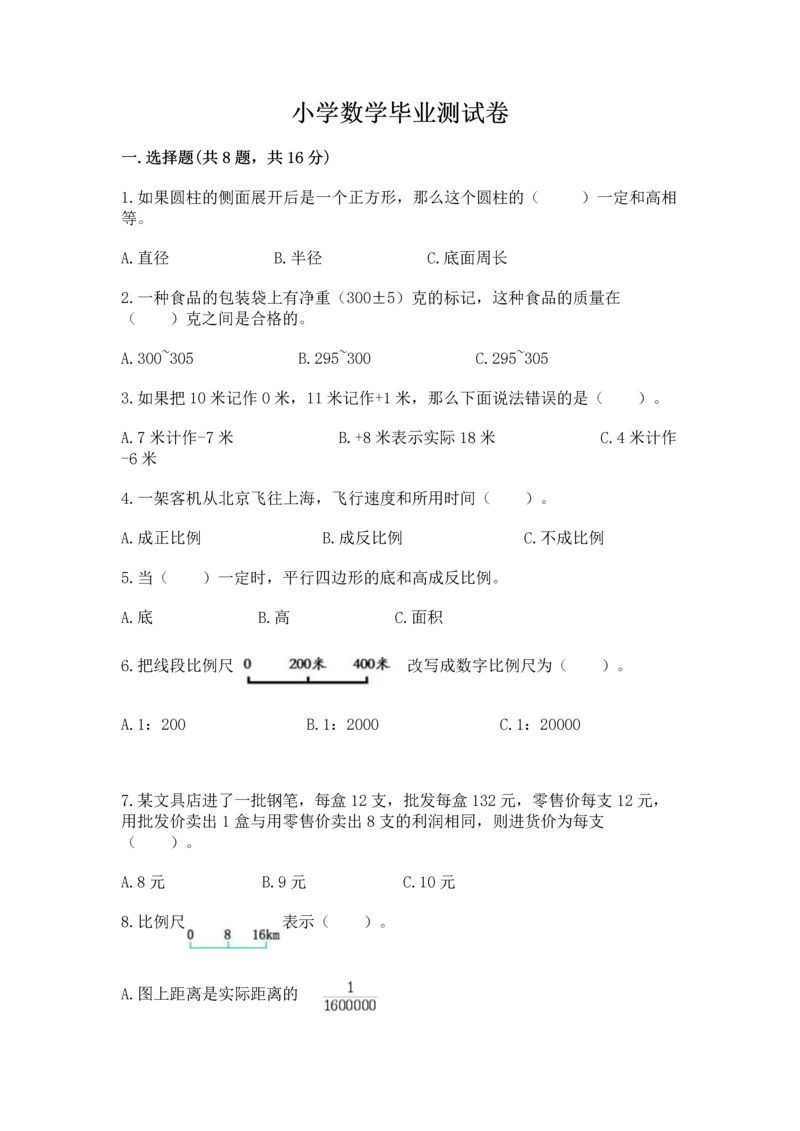 小学数学毕业测试卷精品【预热题】.docx