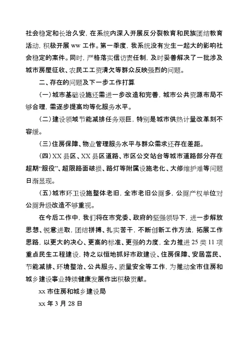 住建局某年第一季度工作进展情况汇报