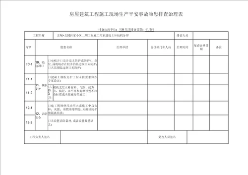 房屋建筑工程施工现场生产安全事故隐患排查治理表