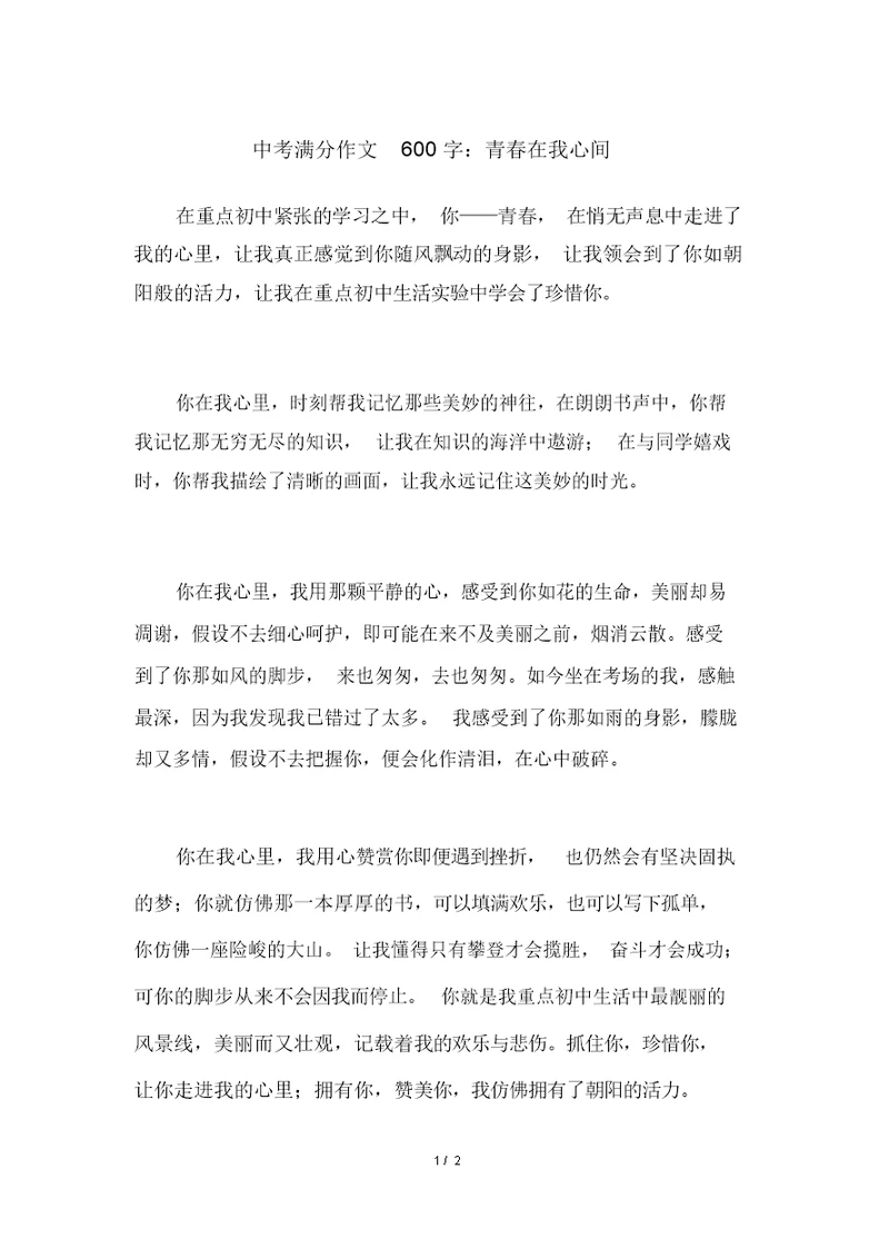 中考满分作文600字：青春在我心间