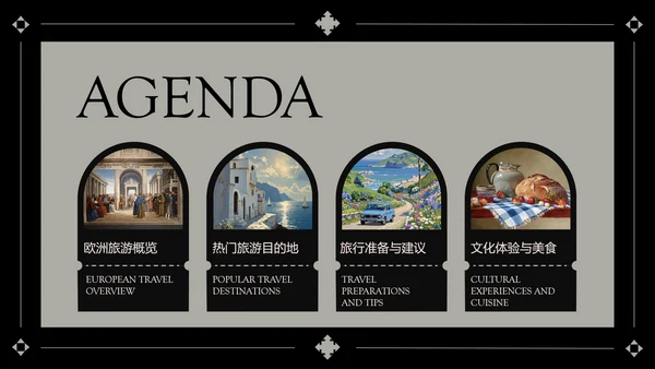 黑灰色简约风欧洲旅游攻略PPT模板