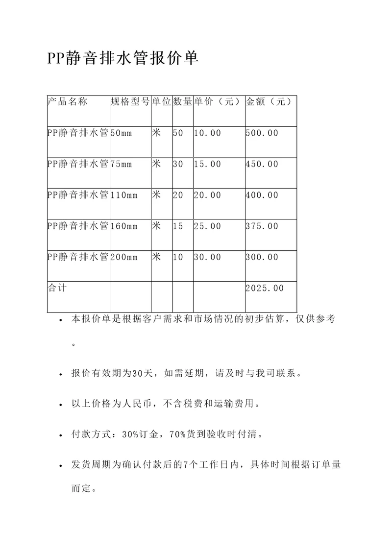 PP静音排水管报价单