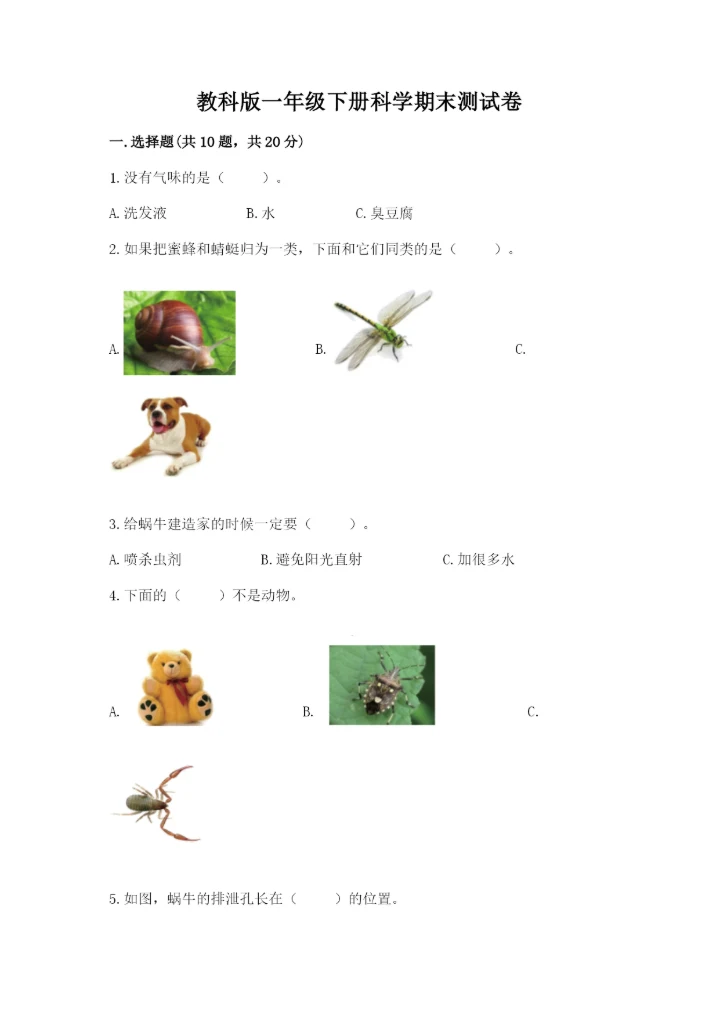 教科版一年级下册科学期末测试卷【中心小学】.docx
