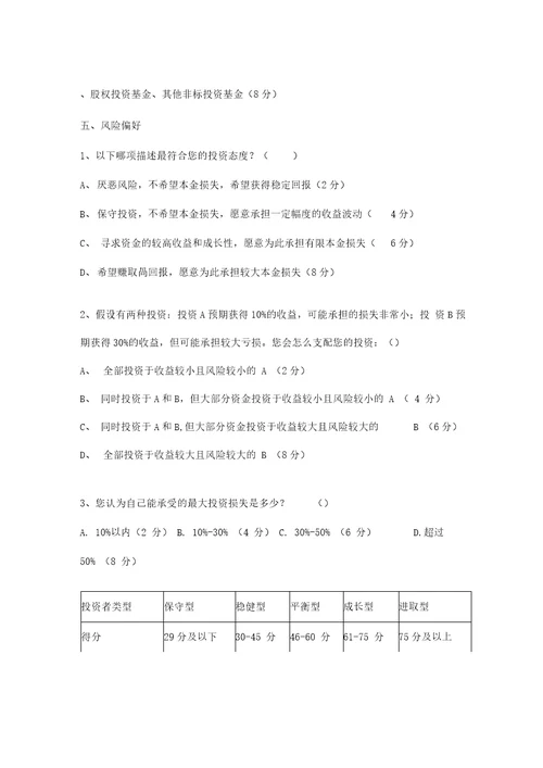 私募投资基金投资者风险问卷调查自然人