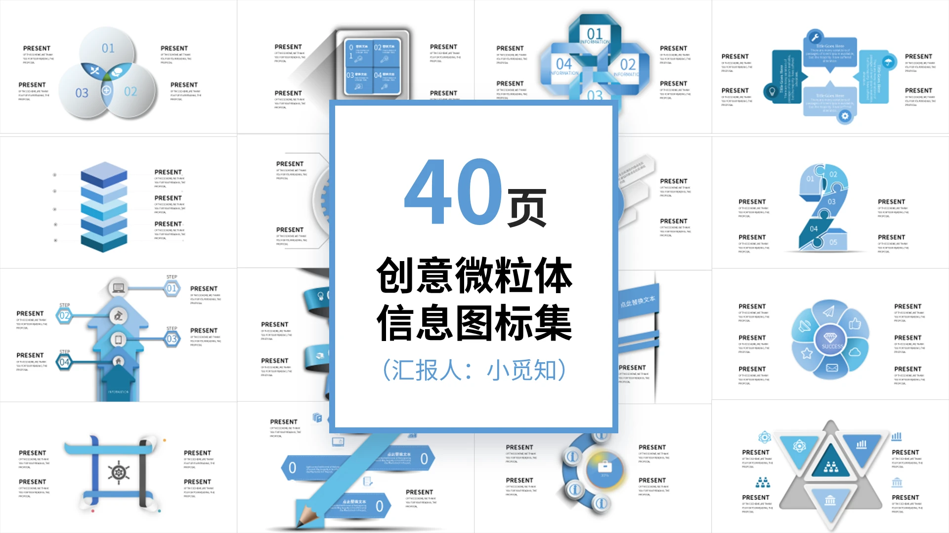 40页蓝色创意微粒体信息图标集PPT模板宣传PPT动态PPT微粒体图表