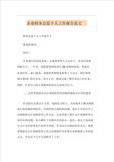 企业财务总监个人工作报告范文