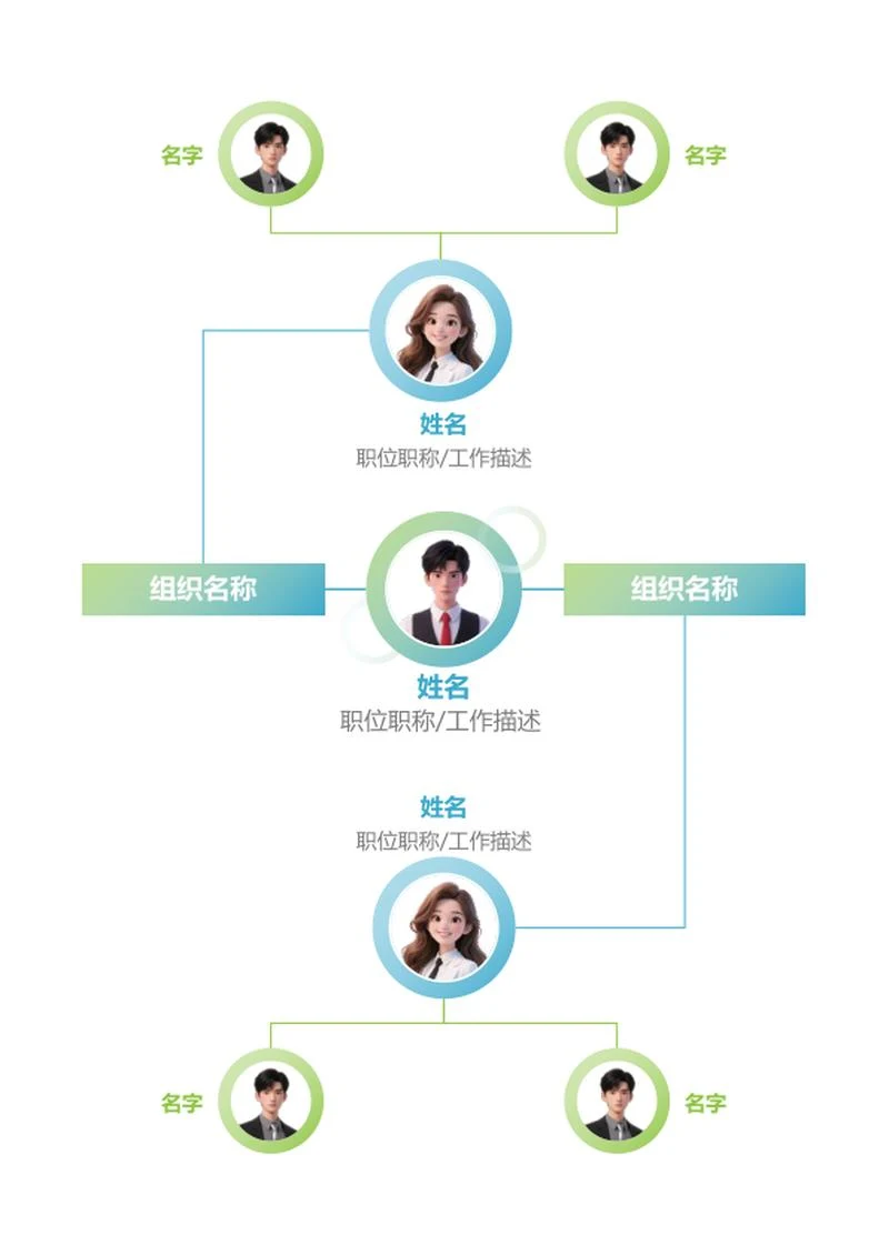 组织架构-蓝绿简约竖版风圆圈头像word模板
