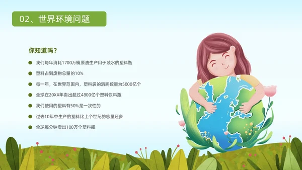 蓝色绿色小清新卡通插画世界环境日科普教育动态PPT