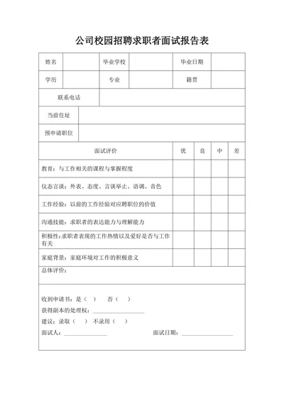 公司校园招聘求职者面试报告表