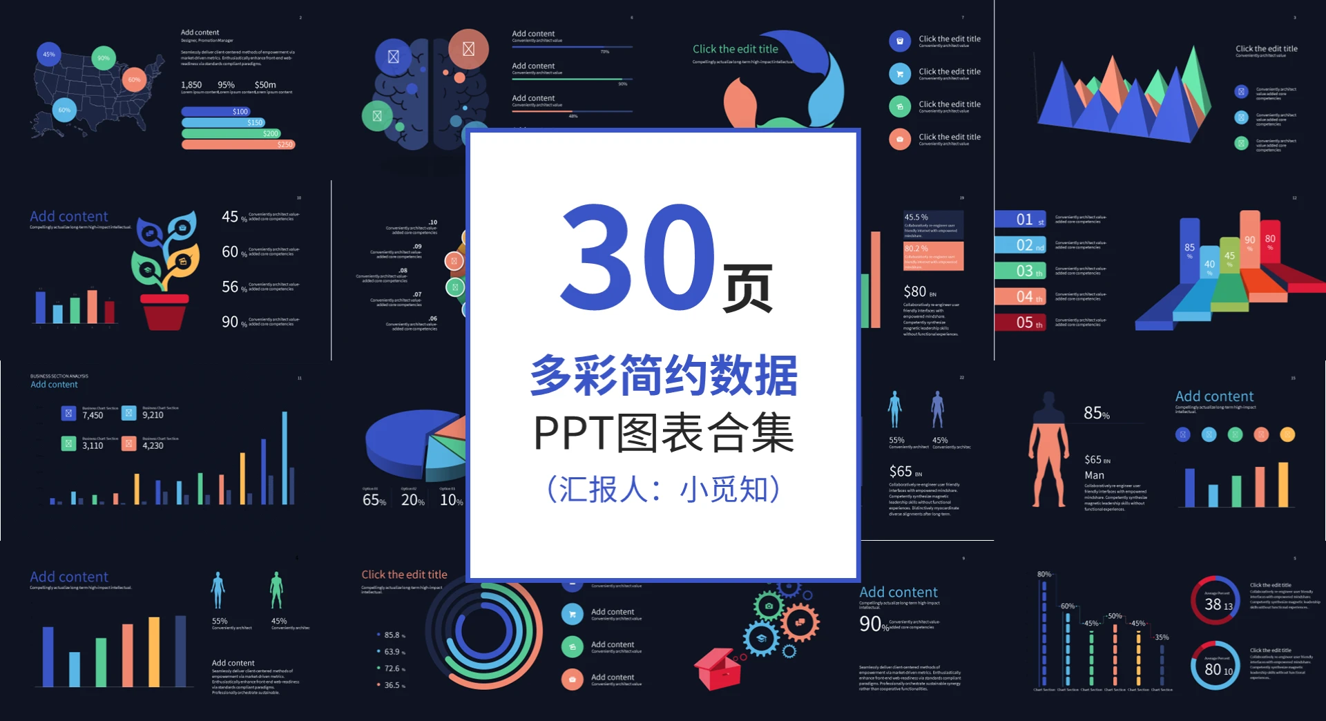 30页多彩简约数据PPT图表合集PPT模板宣传PPT动态数据关系分析图表