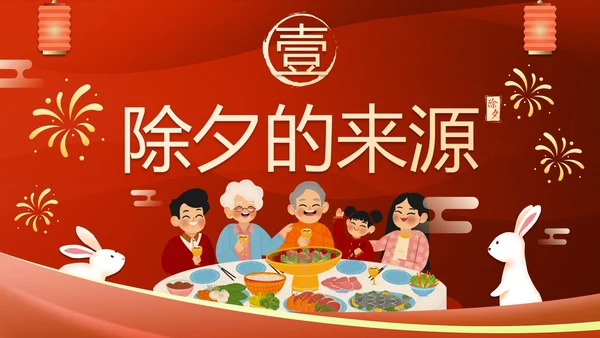 新年国风插画除夕年夜饭主题科普PPT模板