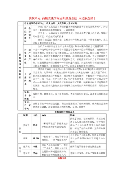 高中历史第二单元商鞅变法知识点归纳与总结人民版选修1