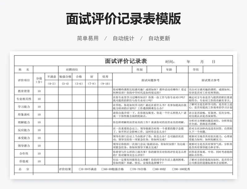 面试评价记录表模版