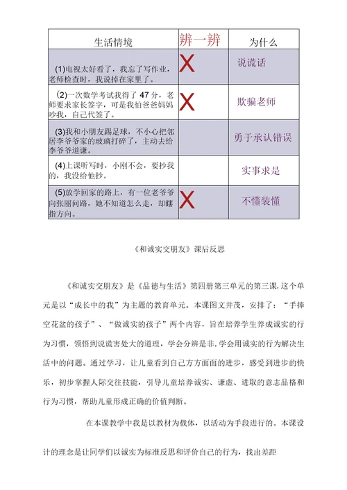 小学道德与法治 和诚实交朋友教学设计学情分析教材分析课后反思