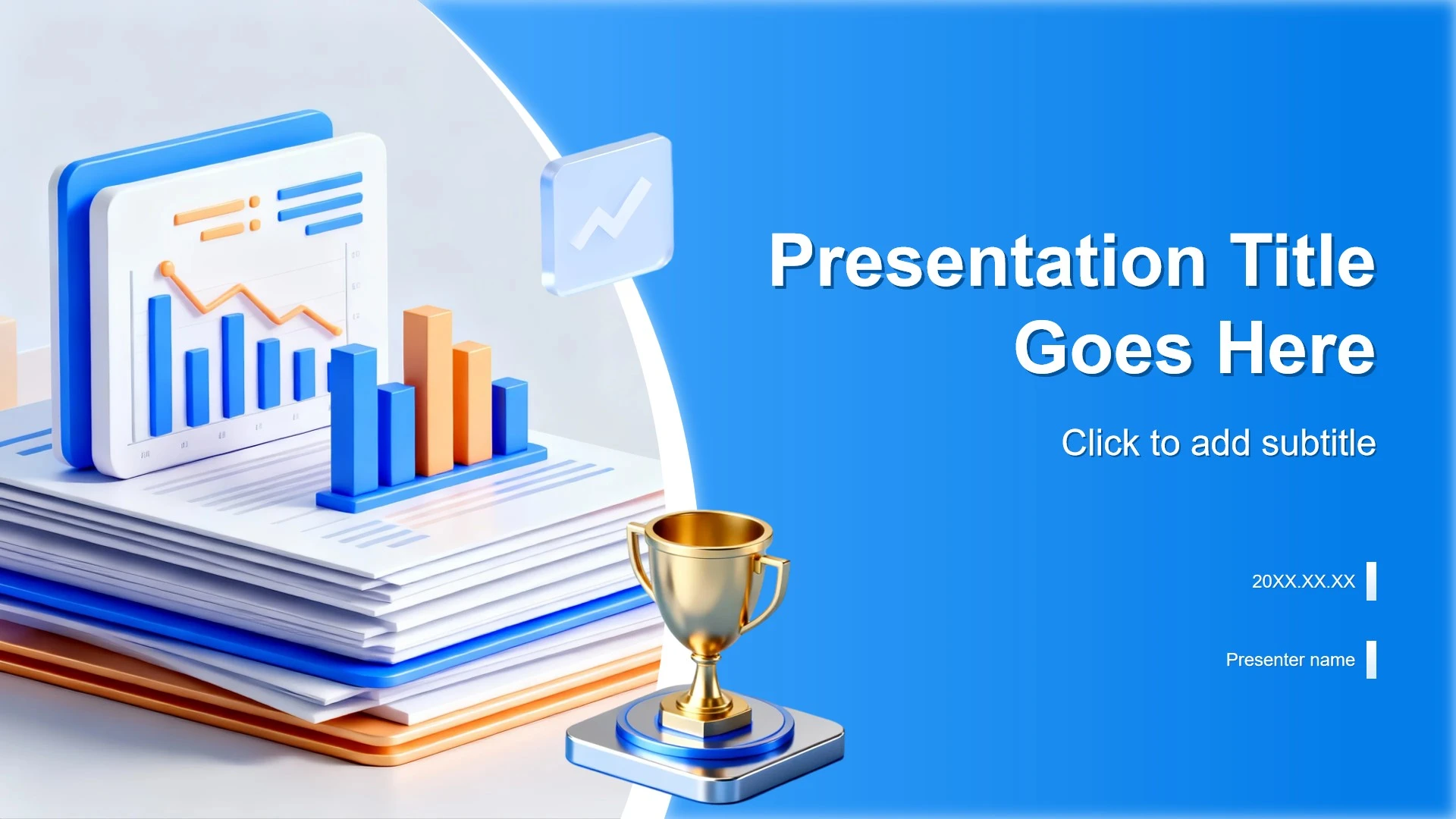 蓝色渐变3D商务风年终工作汇报PPT主题模板