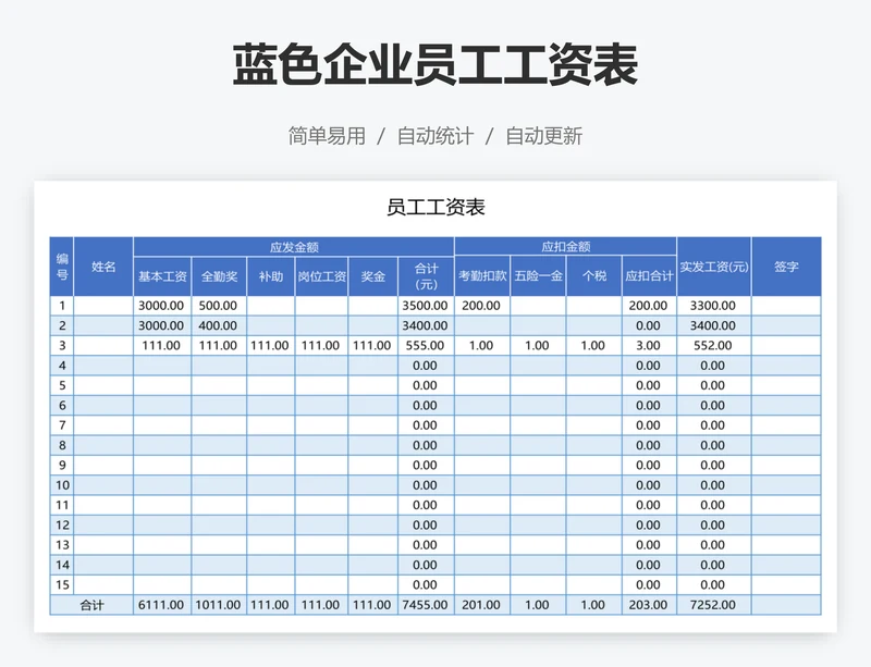 蓝色企业员工工资表