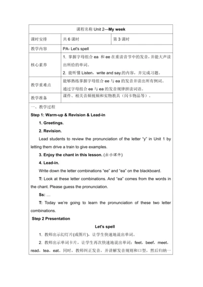 Unit 2 My week Part A Let's spell表格式教案（含反思）