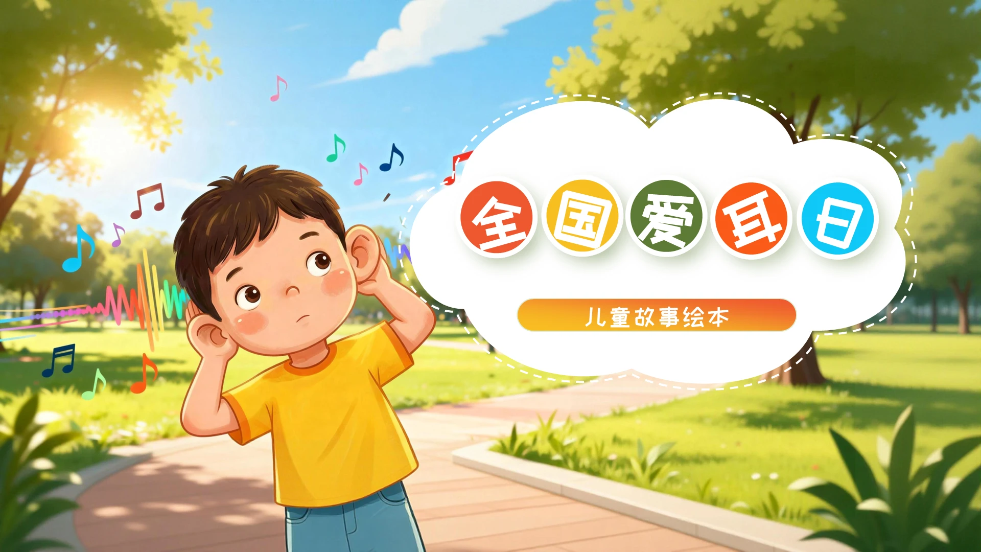 绿色小清新手绘卡通全国爱耳日儿童故事绘本ppt模板