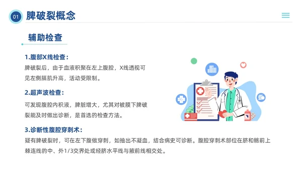 蓝色插画风脾破裂的护理查房培训