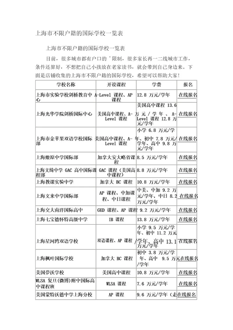 上海市不限户籍的国际学校一览表