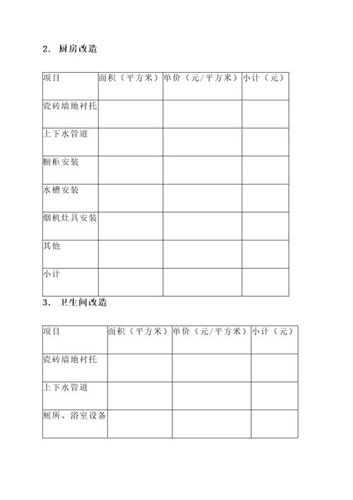 家庭装修施工项目报价单