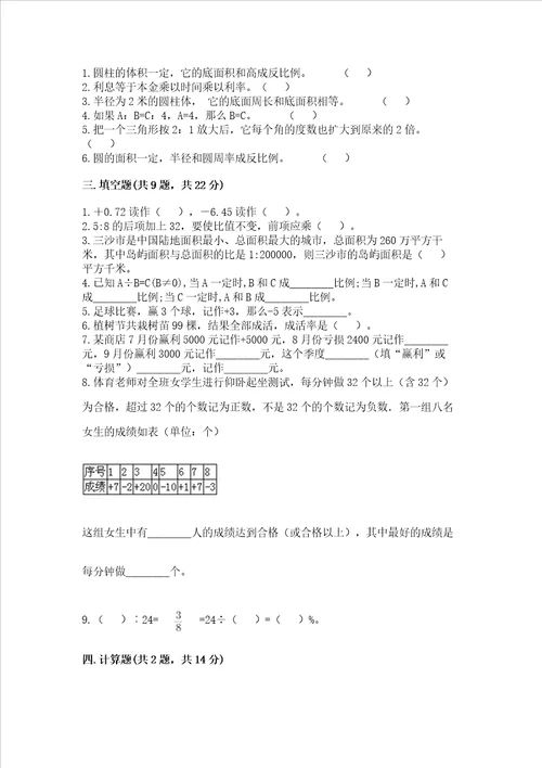 冀教版数学六年级下学期期末质量监测试题精编答案