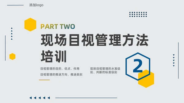 黄蓝双色简约几何现场6S和目视化改善安全教育PPT模板6S管理培训